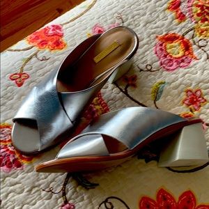 Sandals, silver with block heel - slip on